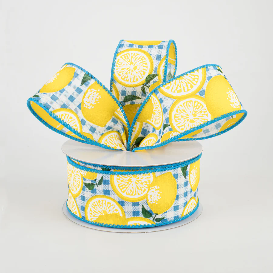 1 1/2" Gingham Lemons Ribbon: Turquoise - 1 Yard
