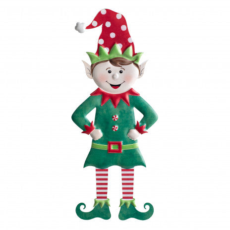 13" Metal Embossed Hanger: Red & Emerald Elf