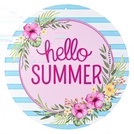 12" Metal Sign: Hello Summer & Tropical Leaves - Sugar Pink Boutique