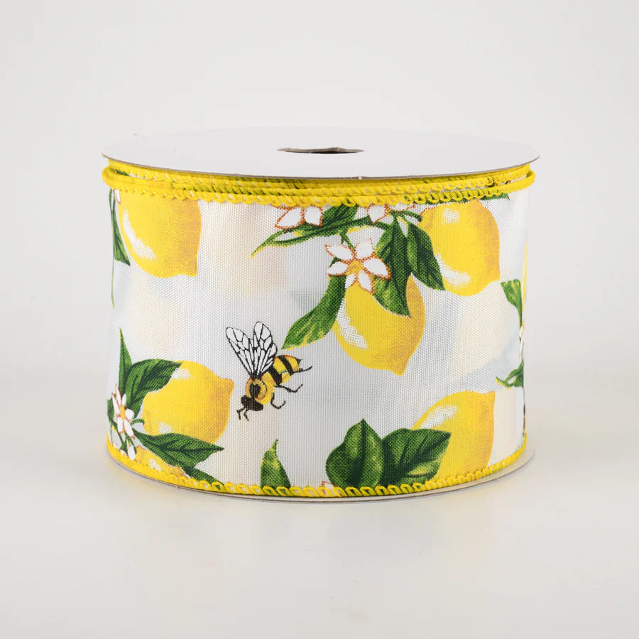 2 1/2" Satin Lemons & Bees Ribbon: White - 1 Yard