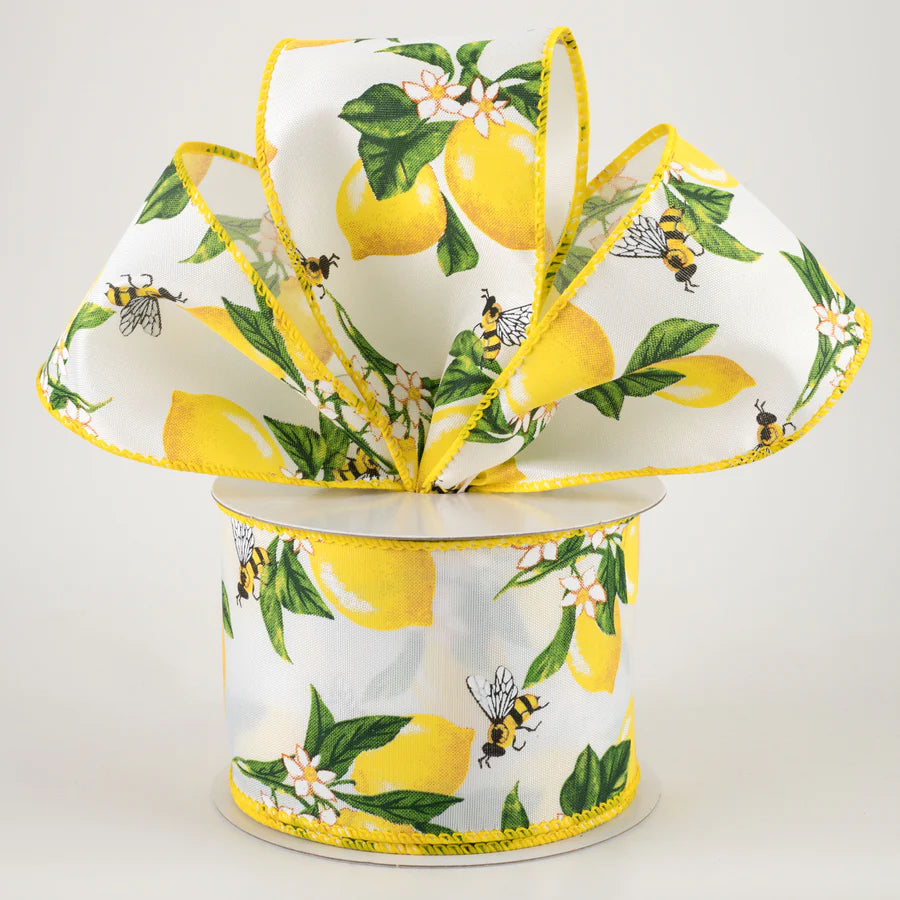 2 1/2" Satin Lemons & Bees Ribbon: White - 1 Yard
