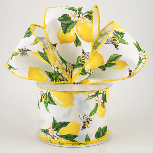 2 1/2" Satin Lemons & Bees Ribbon: White - 1 Yard - Sugar Pink Boutique