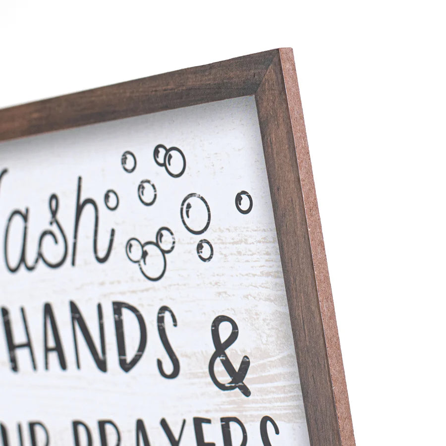 10" Square Wooden Sign: Wash Hands & Say Prayers - Sugar Pink Boutique