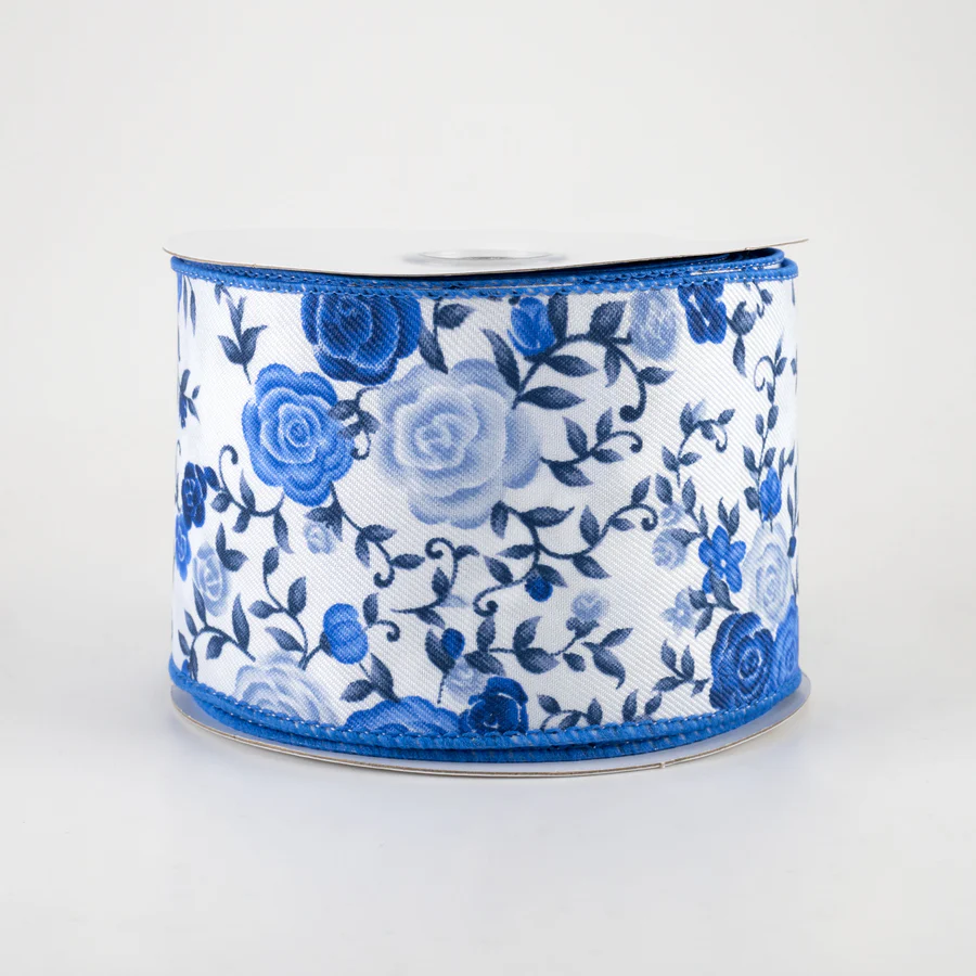 2 1/2" Mini Roses Wired Ribbon: Blue & White - 1 Yard - Sugar Pink Boutique