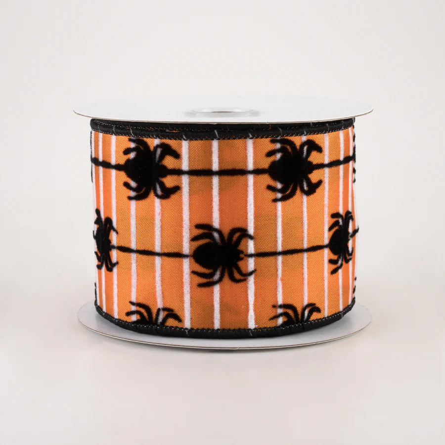 2 1/2" Flocked Spiders Stripe Wired Ribbon: Orange & Black - 1 Yard