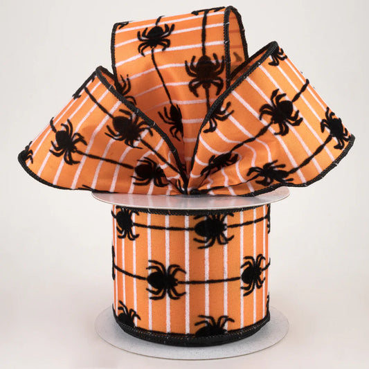 2 1/2" Flocked Spiders Stripe Wired Ribbon: Orange & Black - 1 Yard - Sugar Pink Boutique