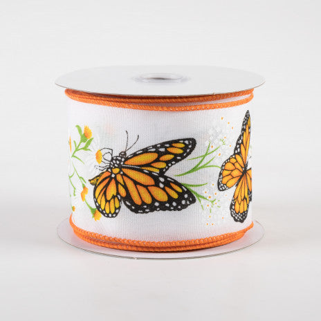 2 1/2" Monarch Butterfly With Daisies Wired Ribbon: White - 1 Yard - Sugar Pink Boutique