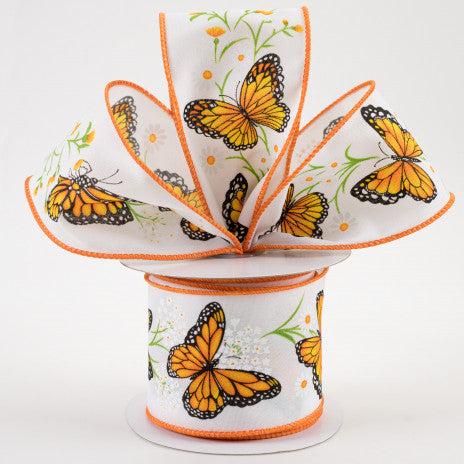 2 1/2" Monarch Butterfly With Daisies Wired Ribbon: White - 1 Yard - Sugar Pink Boutique