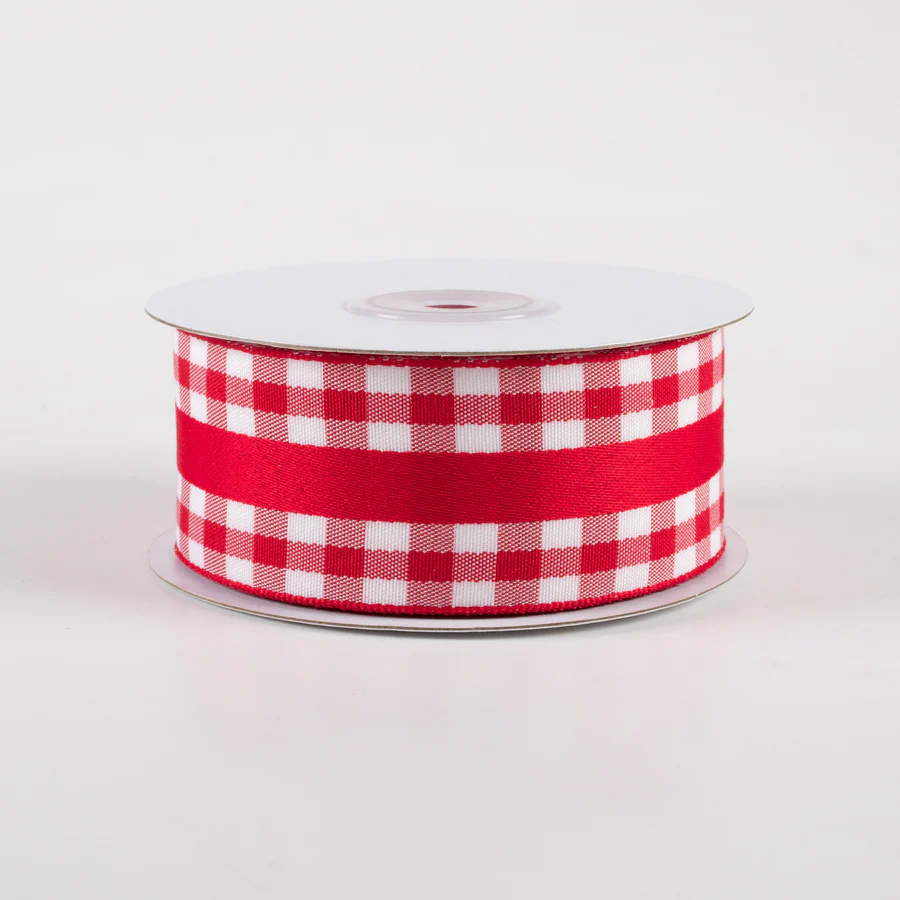 1 1/2" Mini Gingham With Center Stripe Lightly Wired Ribbon: Red & White - 1 Yard - Sugar Pink Boutique