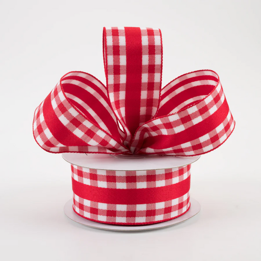 1 1/2" Mini Gingham With Center Stripe Lightly Wired Ribbon: Red & White - 1 Yard - Sugar Pink Boutique