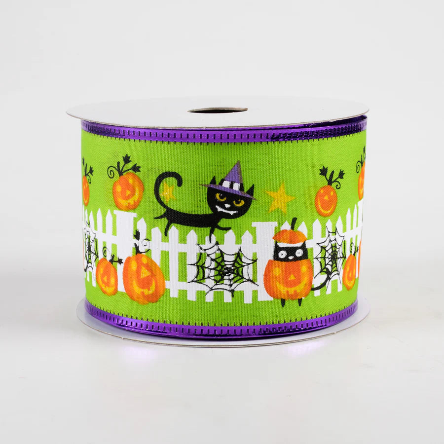 2 1/2" Metallic Edge Halloween Cat Fence Wired Ribbon: Lime Green - 1 Yard