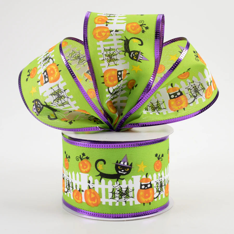 2 1/2" Metallic Edge Halloween Cat Fence Wired Ribbon: Lime Green - 1 Yard