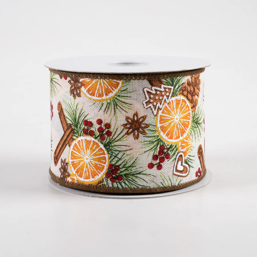 2 1/2" Linen Holly, Dried Orange, Cinnamon Wired Ribbon - 1 Yard - Sugar Pink Boutique
