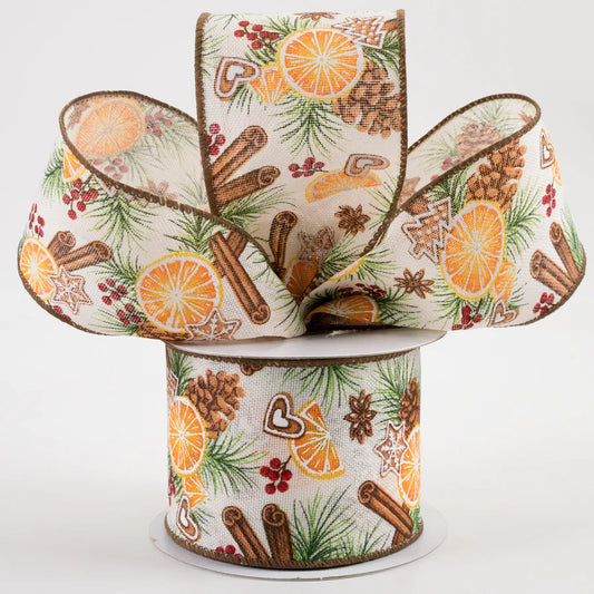 2 1/2" Linen Holly, Dried Orange, Cinnamon Wired Ribbon - 1 Yard - Sugar Pink Boutique