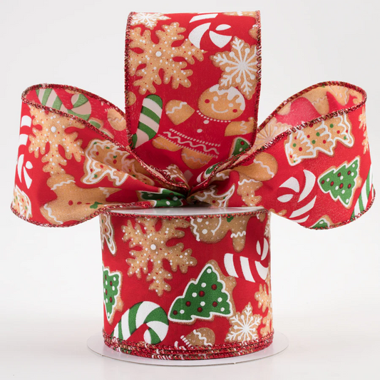 2 1/2" Gingerbread Cookies Candy Cane Wired Ribbon: Red - 1 Yard - Sugar Pink Boutique
