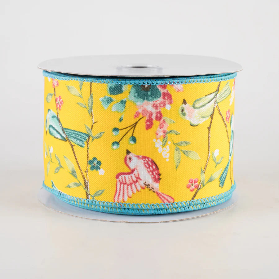 2 1/2" Birds With Floral Branches Wired Ribbon: Yellow, Teal, Pink - 1 Yard - Sugar Pink Boutique