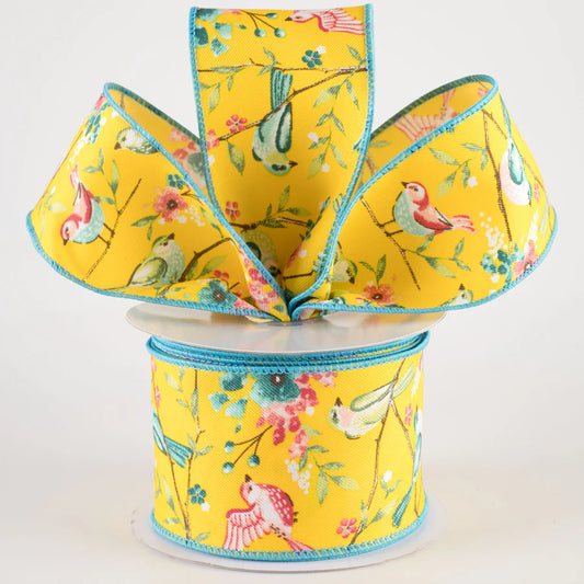 2 1/2" Birds With Floral Branches Wired Ribbon: Yellow, Teal, Pink - 1 Yard - Sugar Pink Boutique