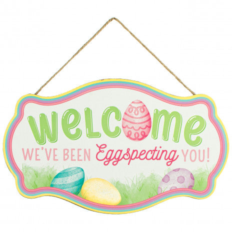 12" Scalloped Wood Sign: Welcome EGGspecting You - Sugar Pink Boutique