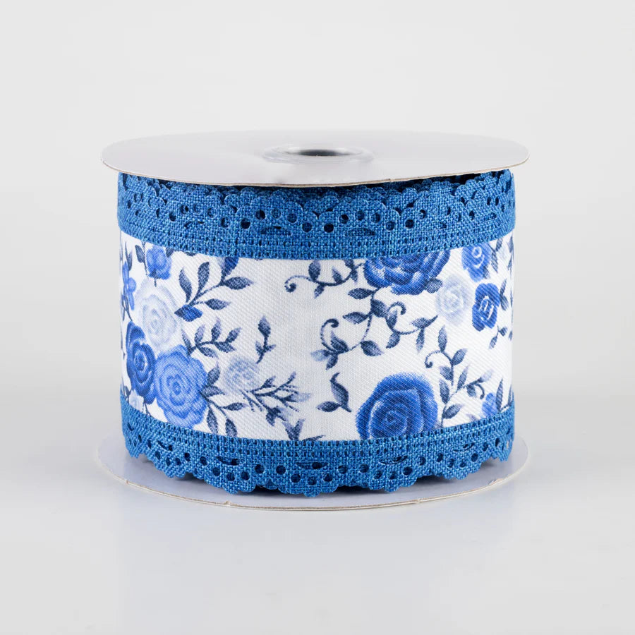 2 1/2" Mini Roses & Lace Scalloped Edge Wired Ribbon: Blues - 1 Yard - Sugar Pink Boutique