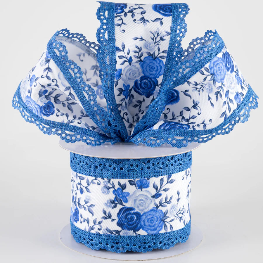 2 1/2" Mini Roses & Lace Scalloped Edge Wired Ribbon: Blues - 1 Yard - Sugar Pink Boutique