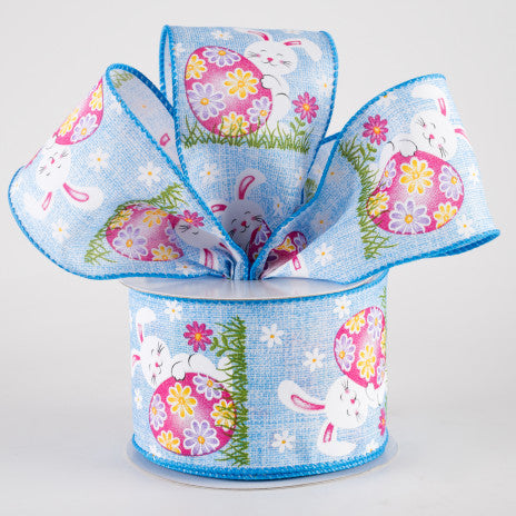 2 1/2" Happy Bunny Egg Wired Ribbon: Blue - 1 Yard - Sugar Pink Boutique