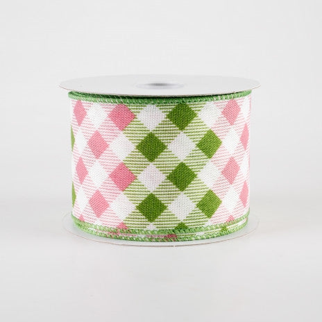 2 1/2" Linen Diamond Ombré Check Wired Ribbon: Ivory, Sage, Pink - 1 Yard - Sugar Pink Boutique