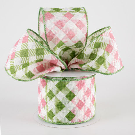 2 1/2" Linen Diamond Ombré Check Wired Ribbon: Ivory, Sage, Pink - 1 Yard - Sugar Pink Boutique