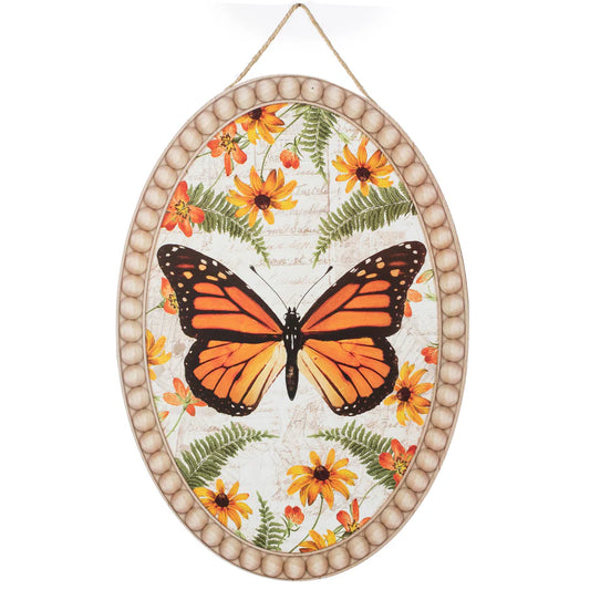 13" Oval Wooden Sign: Monarch Butterfly Faux Beaded Edge - Sugar Pink Boutique