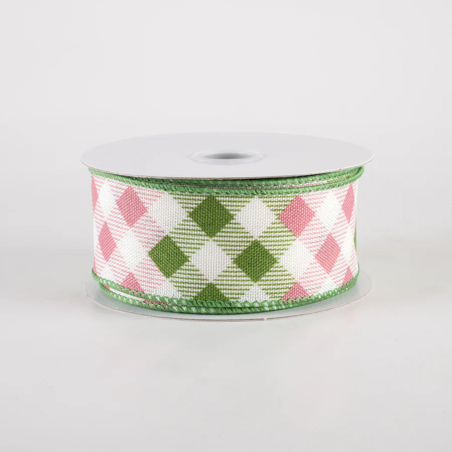 1 1/2" Linen Diamond Ombré Check Wired Ribbon: Ivory, Sage, Pink - 1 Yard