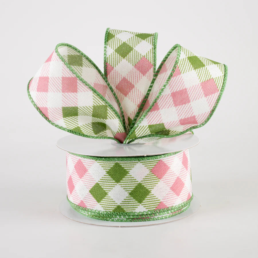 1 1/2" Linen Diamond Ombré Check Wired Ribbon: Ivory, Sage, Pink - 1 Yard