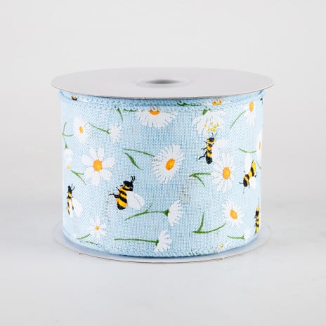 2 1/2" Linen Daisies & Bumblebees Wired Ribbon: Light Blue - 1 Yard - Sugar Pink Boutique