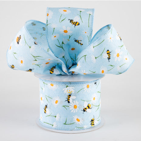2 1/2" Linen Daisies & Bumblebees Wired Ribbon: Light Blue - 1 Yard - Sugar Pink Boutique