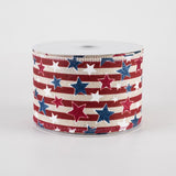2 1/2" Stripes & Glitter Patriotic Stars Wired Ribbon: Burgundy on Natural - 1 Yard