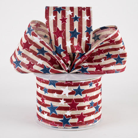 2 1/2" Stripes & Glitter Patriotic Stars Wired Ribbon: Burgundy on Natural - 1 Yard - Sugar Pink Boutique