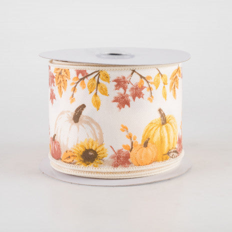 2 1/2" Pumpkins and Foliage Diagonal Weave Wired Ribbon: Ivory - 1 Yard