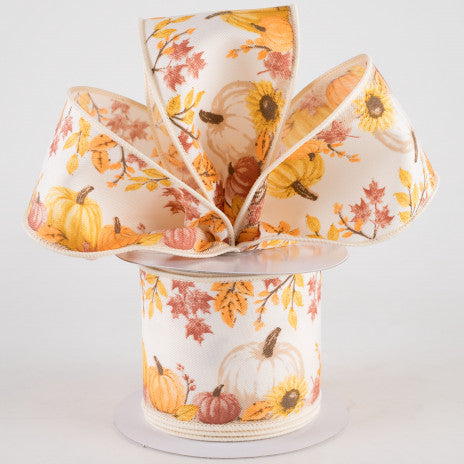 2 1/2" Pumpkins and Foliage Diagonal Weave Wired Ribbon: Ivory - 1 Yard - Sugar Pink Boutique