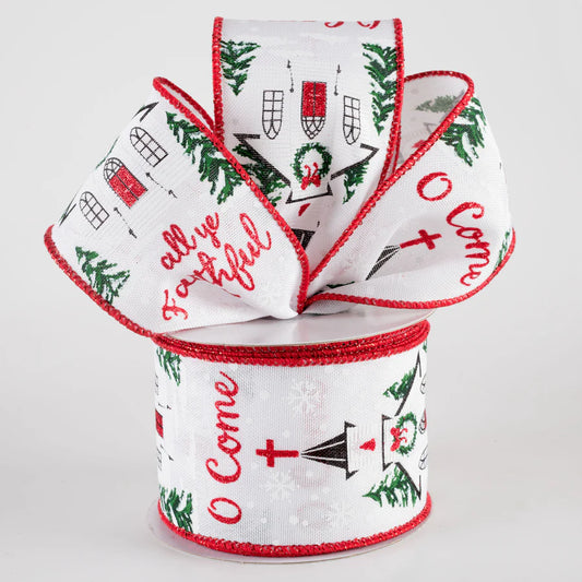 2 1/2" O Come All Ye Faithful Church White Wired Ribbon - 1 Yard - Sugar Pink Boutique