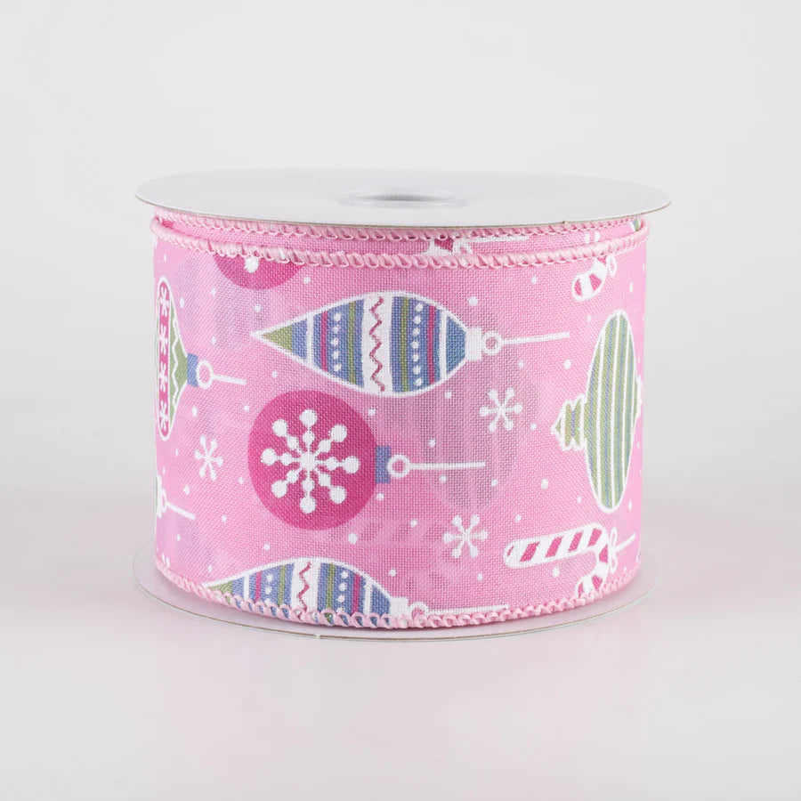 2 1/2" Hanging Christmas Ornaments Wired Ribbon: Mint on Pink - 1 Yard