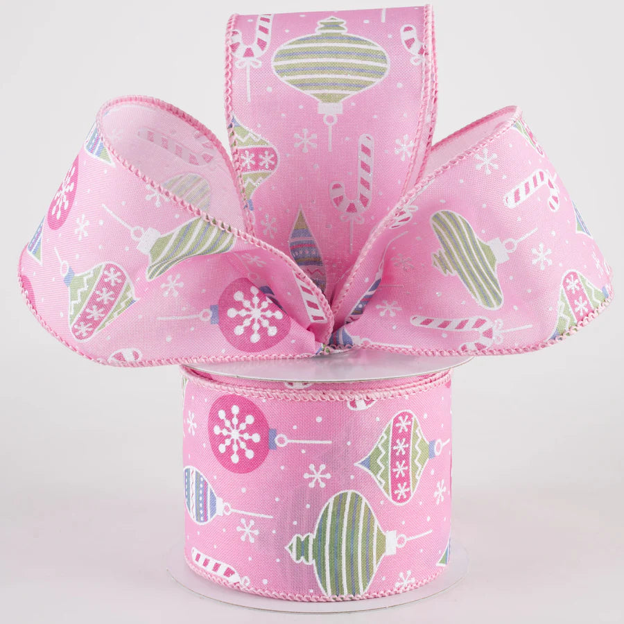 2 1/2" Hanging Christmas Ornaments Wired Ribbon: Mint on Pink - 1 Yard