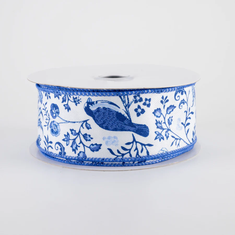 1 1/2" Chinoiserie Floral Wired Ribbon: Blue & White - 1 Yard