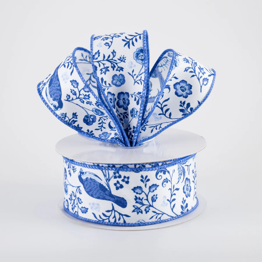 1 1/2" Chinoiserie Floral Wired Ribbon: Blue & White - 1 Yard