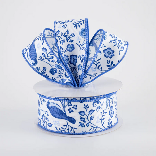 1 1/2" Chinoiserie Floral Wired Ribbon: Blue & White - 1 Yard - Sugar Pink Boutique