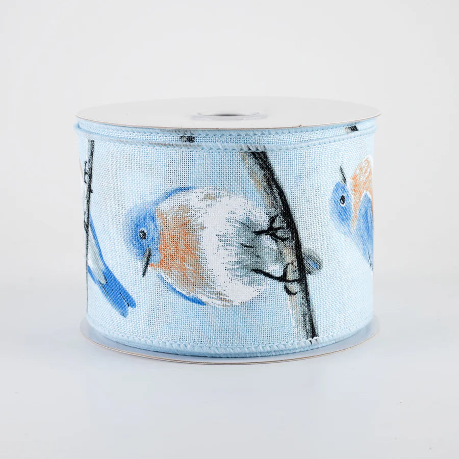 2 1/2" Blue & Orange Chubby Birds Wired Ribbon: Blue - 1 Yard - Sugar Pink Boutique