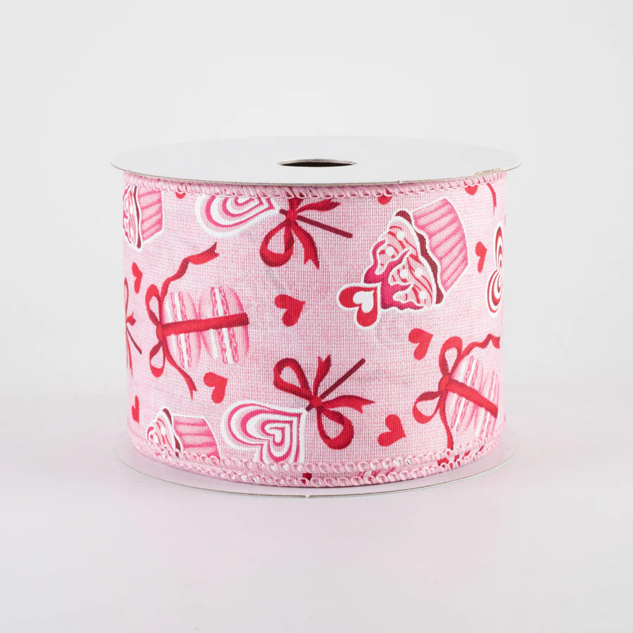 2 1/2" Valentine's Day Cupcakes & Macarons Wired Ribbon: Pink - 1 Yard - Sugar Pink Boutique