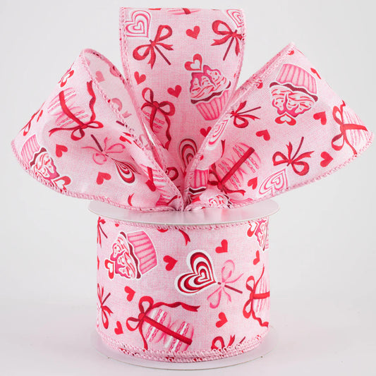 2 1/2" Valentine's Day Cupcakes & Macarons Wired Ribbon: Pink - 1 Yard - Sugar Pink Boutique