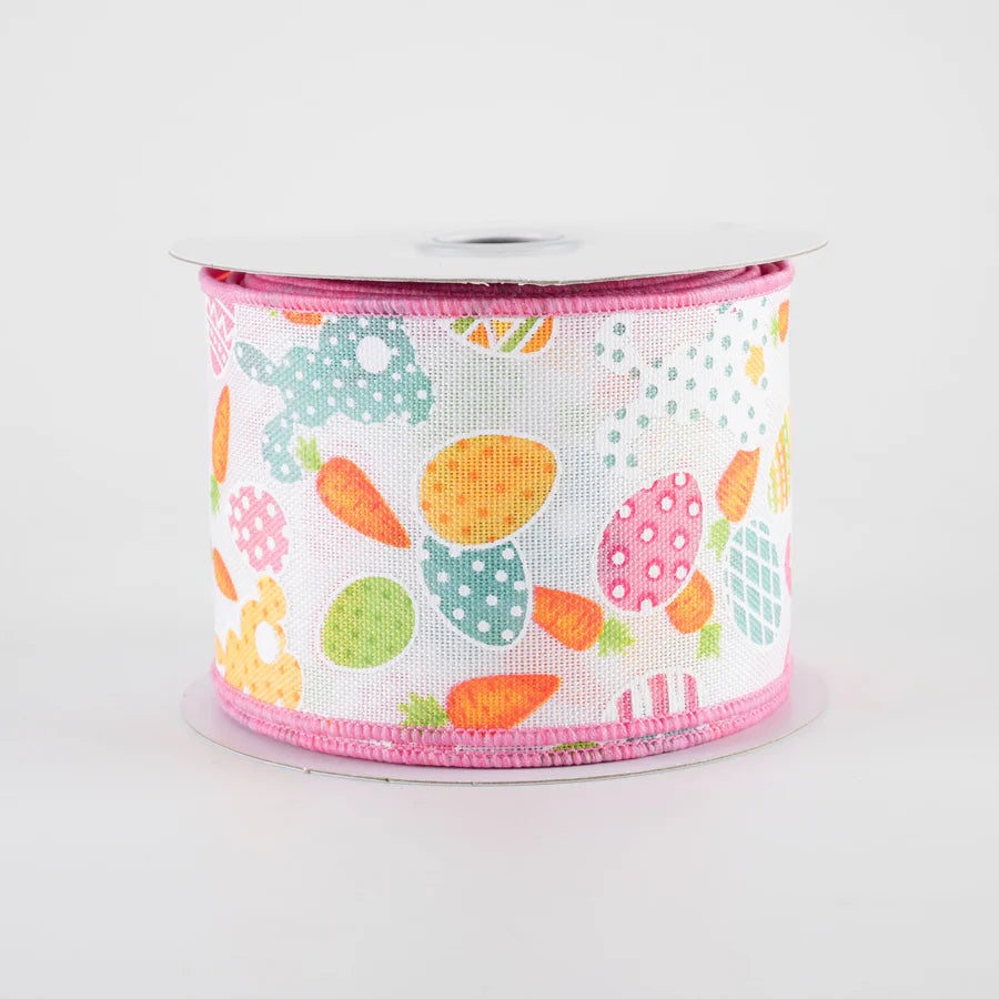 2 1/2" Bunny Silhouettes, Easter Eggs & Carrots Wired Ribbon: White - 1 Yard - Sugar Pink Boutique