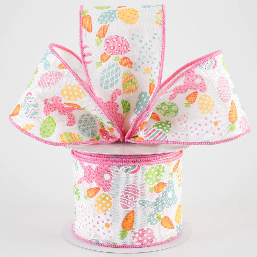 2 1/2" Bunny Silhouettes, Easter Eggs & Carrots Wired Ribbon: White - 1 Yard - Sugar Pink Boutique