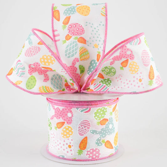2 1/2" Bunny Silhouettes, Easter Eggs & Carrots Wired Ribbon: White - 1 Yard - Sugar Pink Boutique