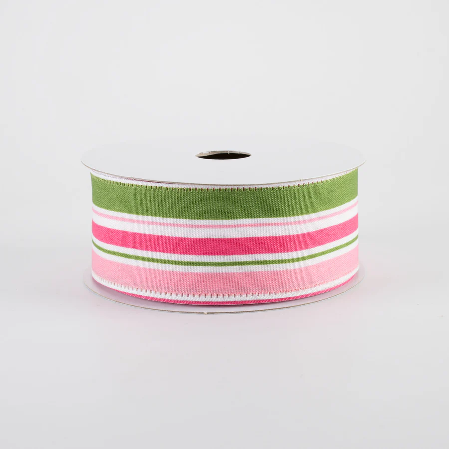 1 1/2" Varied Striation Stripes Wired Ribbon: Moss Green & Pink - 1 Yard - Sugar Pink Boutique