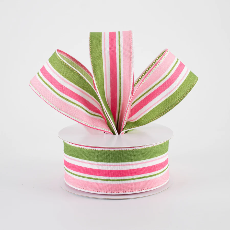 1 1/2" Varied Striation Stripes Wired Ribbon: Moss Green & Pink - 1 Yard - Sugar Pink Boutique